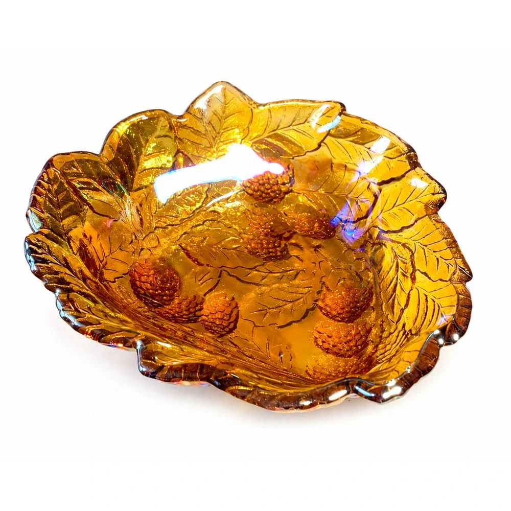 Vintage Iridescent Amber Carnival Glass Grape & Leaf Ruffled Bowl 7.75